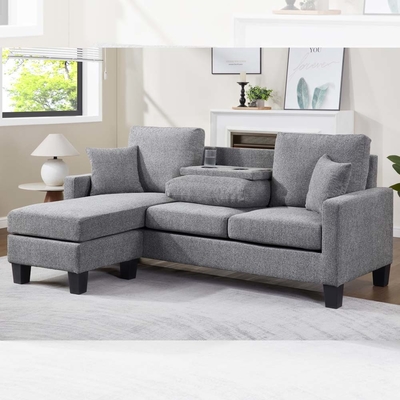 Sofá seccional en forma de L con mesa desplegable y silla reversible y 2 almohadas, chenilia gris