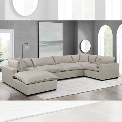 Sofá modular seccional con colchón de asiento de pluma y almohadas, lino gris