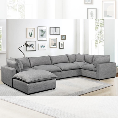 Sofá modular seccional con almohadón y almohadas de asiento de pluma, lino gris oscuro