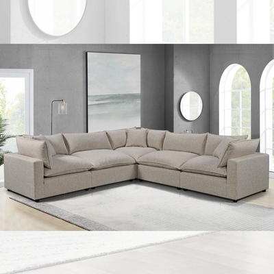 Sofá modular seccional con colchón de asiento de pluma y almohadas, lino gris