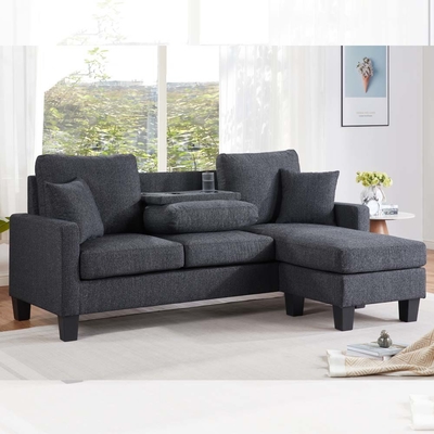 Sofá seccional en forma de L con mesa desplegable y silla reversible y 2 almohadas, chenilia gris oscuro