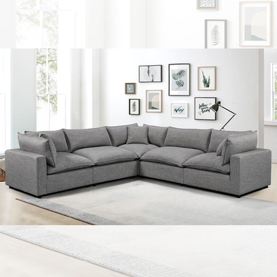 Sofá modular seccional con almohadón y almohadas de asiento de pluma, lino gris oscuro