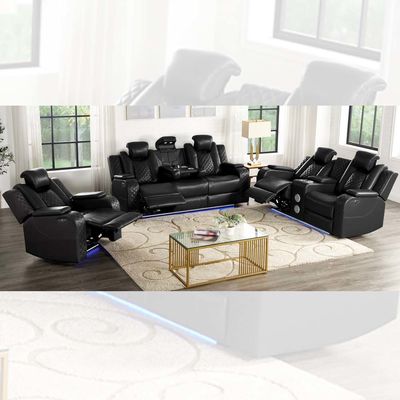 Juego de sofá reclinable eléctrico con asientos reclinables eléctricos, reposacabezas eléctricos, mesa desplegable, altavoz, almacenamiento y luz LED, cuero sintético negro