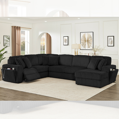 Set de sofá reclinable con soporte de taza oculto y cargador inalámbrico, tejido de corduroy negro
