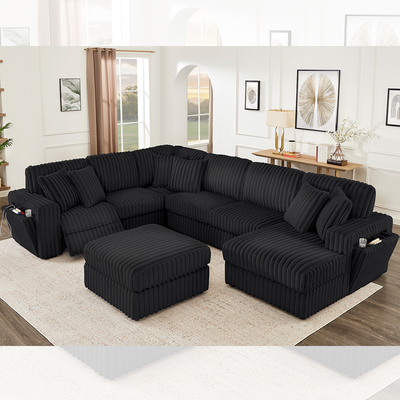 Set de sofá reclinable con soporte de taza oculto y cargador inalámbrico, tejido de corduroy negro