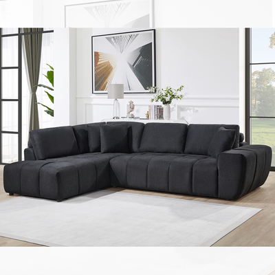 Sofá seccional en forma de L con 3 almohadas, tela negra