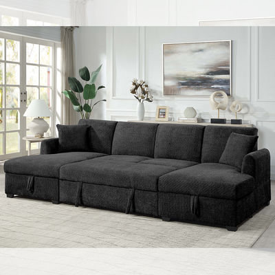 Sofá seccional en forma de U con cama extraíble y chaise longue con almacenamiento, tela sherpa negra
