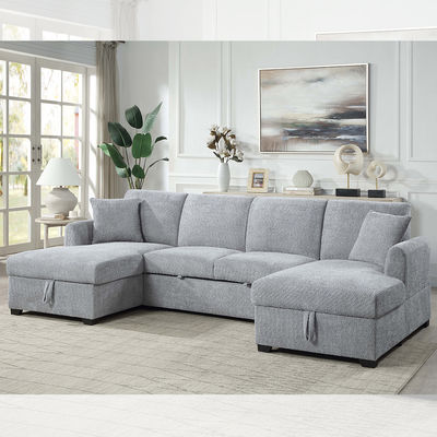 Sofá seccional en forma de U con cama extraíble y chaise longue con almacenamiento, tela sherpa gris