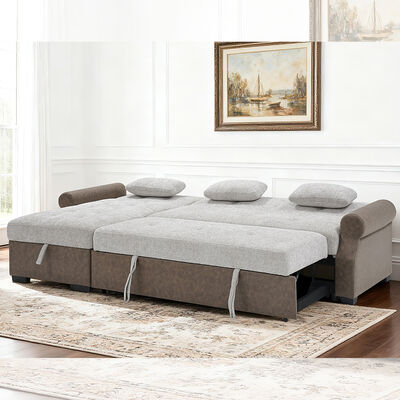 L-Shaped Sectional Sleeper Sofa with Pull-Out Bed and Adjustable Backrest and Storage Chaise, Gray & Dark Brown