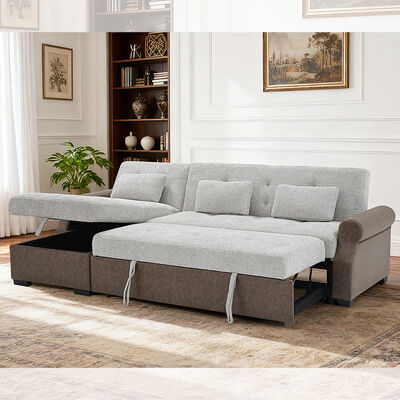 L-Shaped Sectional Sleeper Sofa with Pull-Out Bed and Adjustable Backrest and Storage Chaise, Gray & Dark Brown