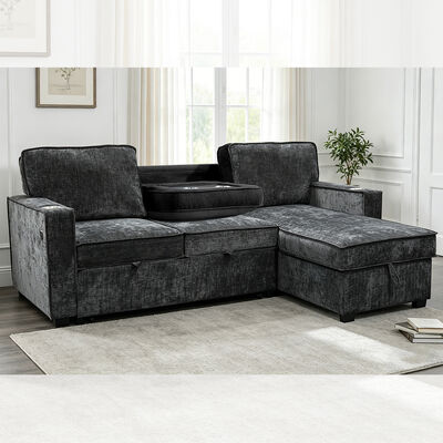 Sofá de cama seccional reversible en forma de L con cama extraíble y mesa y almacén, chenilia negra de carbón