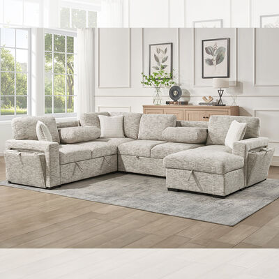 Sofá seccional en forma de U con cama extraíble y mesa y almacén silla salón y almacenaje asiento de cama y portavasos, tejido beige
