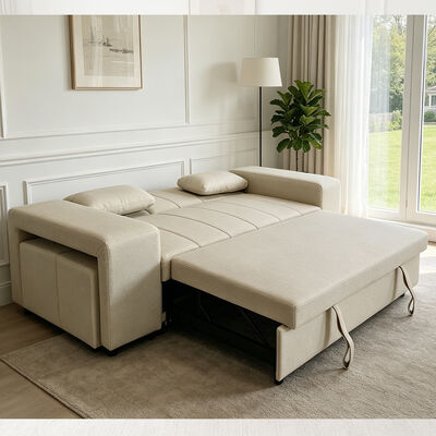 Sofá cama convertible tamaño Queen, cómoda cama extraíble con respaldo ajustable, brazo con otomanos, cuero tecnológico beige
