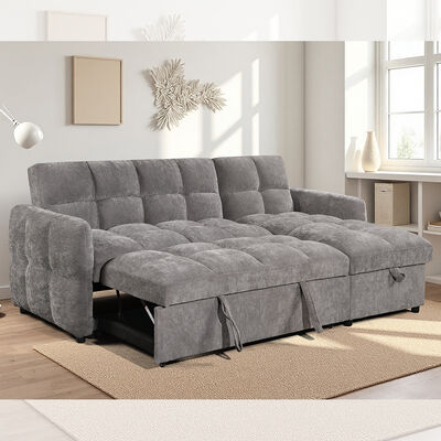 Sofá cama seccional en forma de L con cama extraíble y respaldo ajustable y chaise con almacenamiento, tela gris