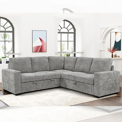 Sofá de cama seccional en forma de L con cama y depósito extraíbles Sofá y portavasos, de tejido gris