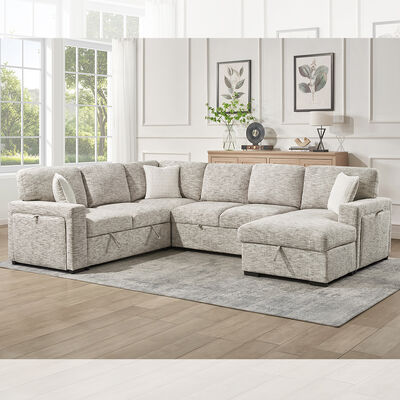 Sofá seccional en forma de U con cama extraíble y mesa y almacén silla salón y almacenaje asiento de cama y portavasos, tejido beige