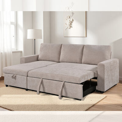 Sofá de cama con sección reversible en forma de L con cama y trastero, tejido beige