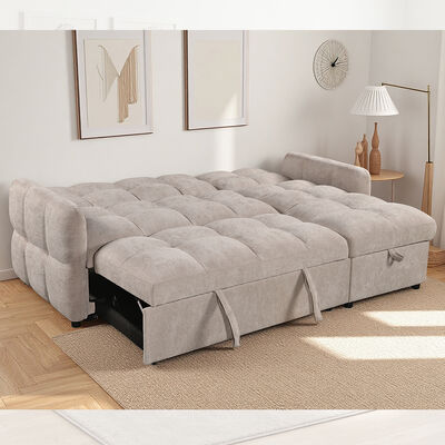 Sofá seccional de cama en forma de L con cama extraíble y respaldo ajustable y silla de almacenamiento, tejido beige