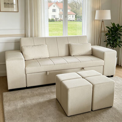 Sofá cama convertible tamaño Queen, cómoda cama extraíble con respaldo ajustable, brazo con otomanos, cuero tecnológico beige