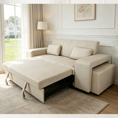 Sofá cama convertible tamaño Queen, cómoda cama extraíble con respaldo ajustable, brazo con otomanos, cuero tecnológico beige