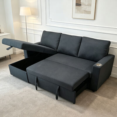 Sofá de cama seccional reversible en forma de L con cama y trastero extraíbles, tejido gris oscuro