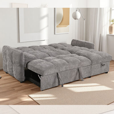 Sofá cama seccional en forma de L con cama extraíble y respaldo ajustable y chaise con almacenamiento, tela gris