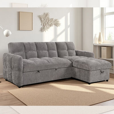 Sofá cama seccional en forma de L con cama extraíble y respaldo ajustable y chaise con almacenamiento, tela gris