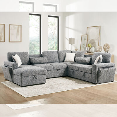 Sofá seccional en forma de U con cama extraíble y mesa y almacén silla salón y almacenaje asiento de cama y portavasos, tejido de la Armada