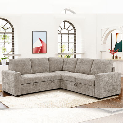 Sofá cama seccional en forma de L con cama extraíble, sofá con almacenaje y portavasos, tela color topo