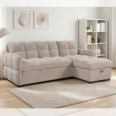Sofá seccional de cama en forma de L con cama extraíble y respaldo ajustable y silla de almacenamiento, tejido beige