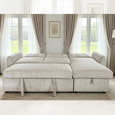 Sofá seccional de cama en forma de L con cama extraíble y respaldo ajustable y silla de almacenamiento, tela gris claro