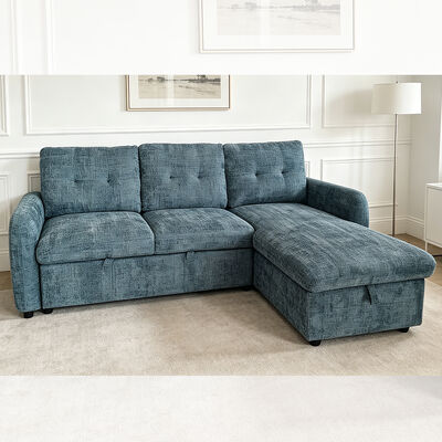 Sofá cama seccional reversible en forma de L con cama extraíble, mesa abatible y espacio de almacenamiento, tela azul nebuloso