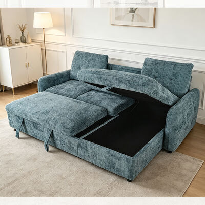 Sofá cama seccional reversible en forma de L con cama extraíble, mesa abatible y espacio de almacenamiento, tela azul nebuloso