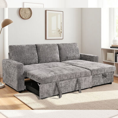 Sofá de dormitorio seccional reversible en forma de L con cama y trastero extraíbles, de tela gris metálica