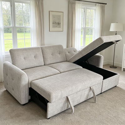 Sofá seccional de cama en forma de L con cama extraíble y respaldo ajustable y silla de almacenamiento, tela gris claro