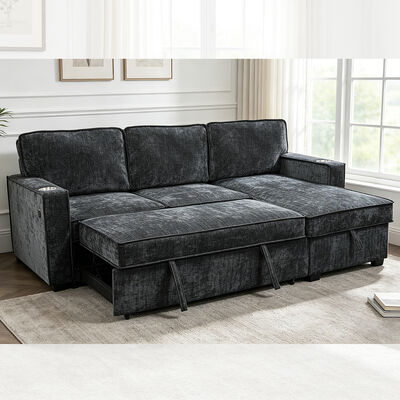 Sofá de cama seccional reversible en forma de L con cama extraíble y mesa y almacén, chenilia negra de carbón