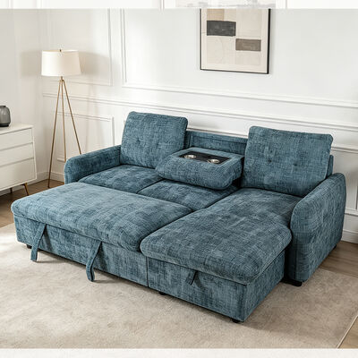 Sofá cama seccional reversible en forma de L con cama extraíble, mesa abatible y espacio de almacenamiento, tela azul nebuloso