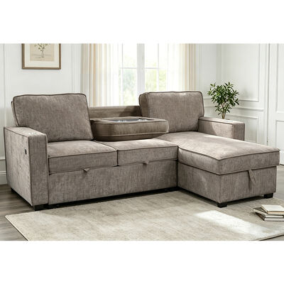 Sofá de cama seccional reversible en forma de L con cama extraíble y mesa y almacén desplegables, cheniles gris marrón claro