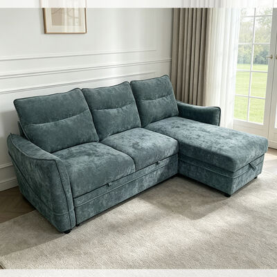 Sofá cama seccional reversible en forma de L con cama extraíble y espacio de almacenaje, tela verde azulado