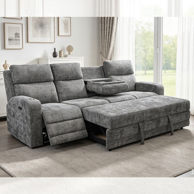 Gran sofá seccional para dormir con cama extraíble y silla reclinable eléctrica, tela gris metálica