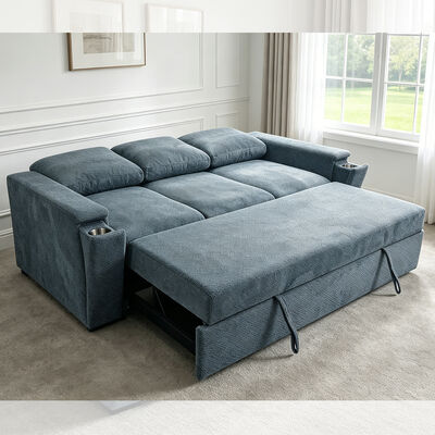 Cama de sofá Futon, cama de sofá convertible, cama confortable con respaldo ajustable, brazo con soportes de tazas de acero inoxidable ocultos, tela azul