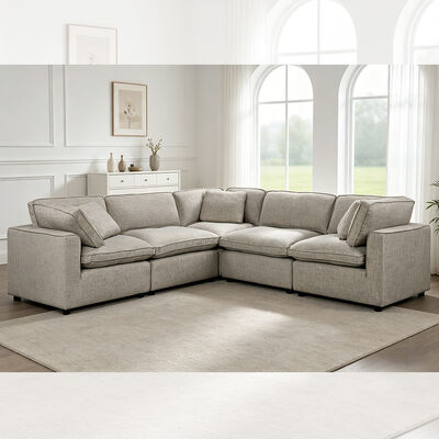 Sofá modular seccional con almohadón y almohadas de asiento de pluma, tejido gris