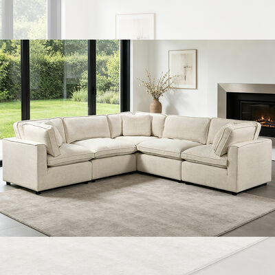 Sofá modular seccional con almohadón y almohadas de asiento de plumas, tejido beige