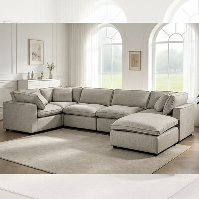 Sofá modular seccional con almohadón y almohadas de asiento de pluma, tejido gris