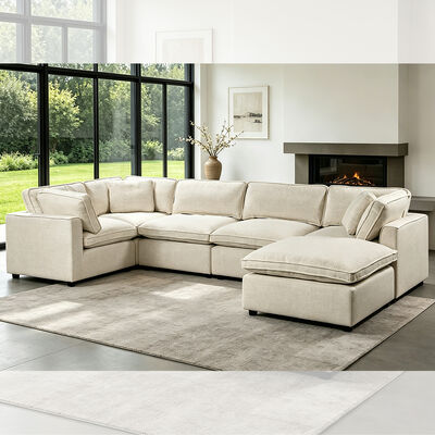 Sofá modular seccional con almohadón y almohadas de asiento de plumas, tejido beige