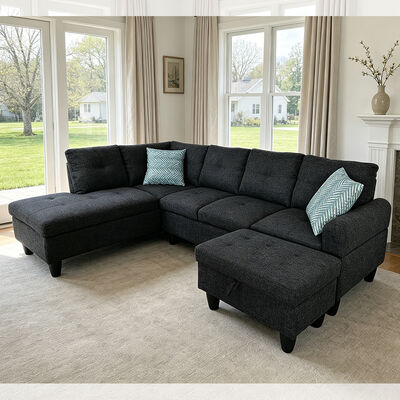 Sofá seccional en forma de L con mesa desplegable y 2 almohadas, otomana con almacenamiento, tela negra