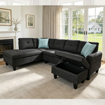 Sofá seccional en forma de L con mesa desplegable y 2 almohadas, otomana con almacenamiento, tela negra