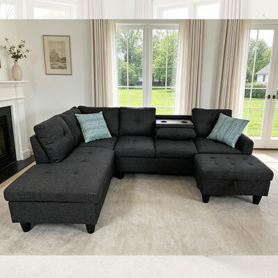 Sofá seccional en forma de L con mesa desplegable y 2 almohadas, otomana con almacenamiento, tela negra