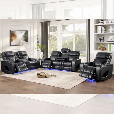 Conjunto de sillón reclinable con reposabrazos y mesa y altavoz y almacenamiento y luz LED, función de masaje, cuero negro