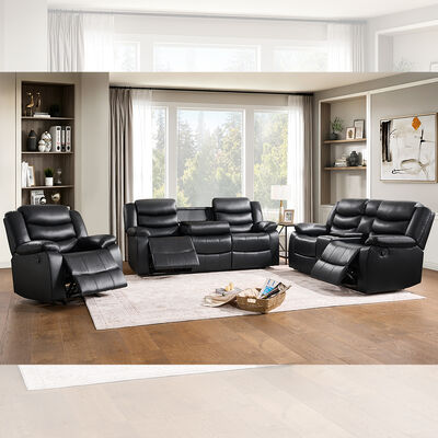 Juego de sofá reclinable con mesa abatible y caja de almacenamiento, polipiel negra